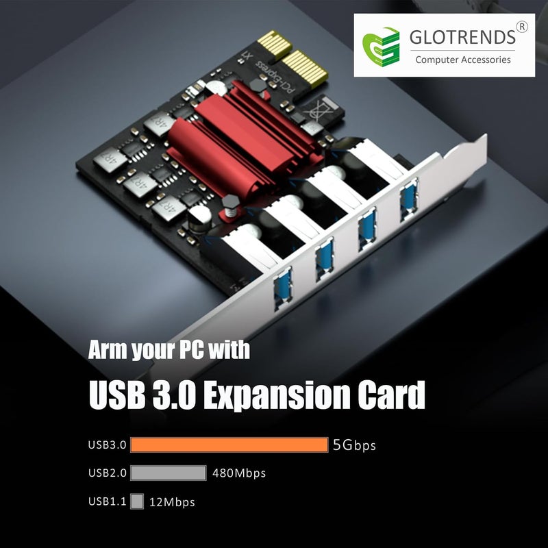 GLOTRENDS U3044BG بطاقة توسيع PCIe 4-Port USB 3.0 Type-A 5Gb، حوامل عادية ومنخفضة، متوافقة مع ويندوز ولينكس (لا تدعم ماك أو إس) - Image 2
